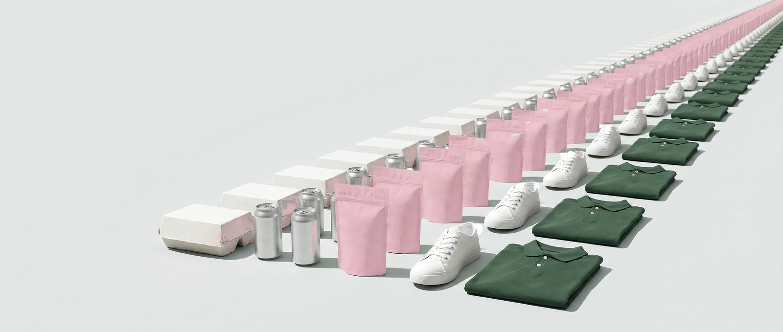 A long row of consumer products: cartons, cans, pink coffee pouches, white trainers and green polo shirts