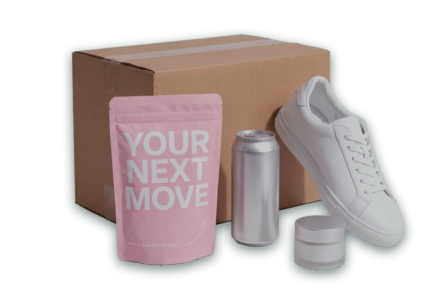 A pink Your Next Move coffee pouch, a can, a skincare jar and a trainer in front of a shipping carton, with an engineer's drawing laid over them.